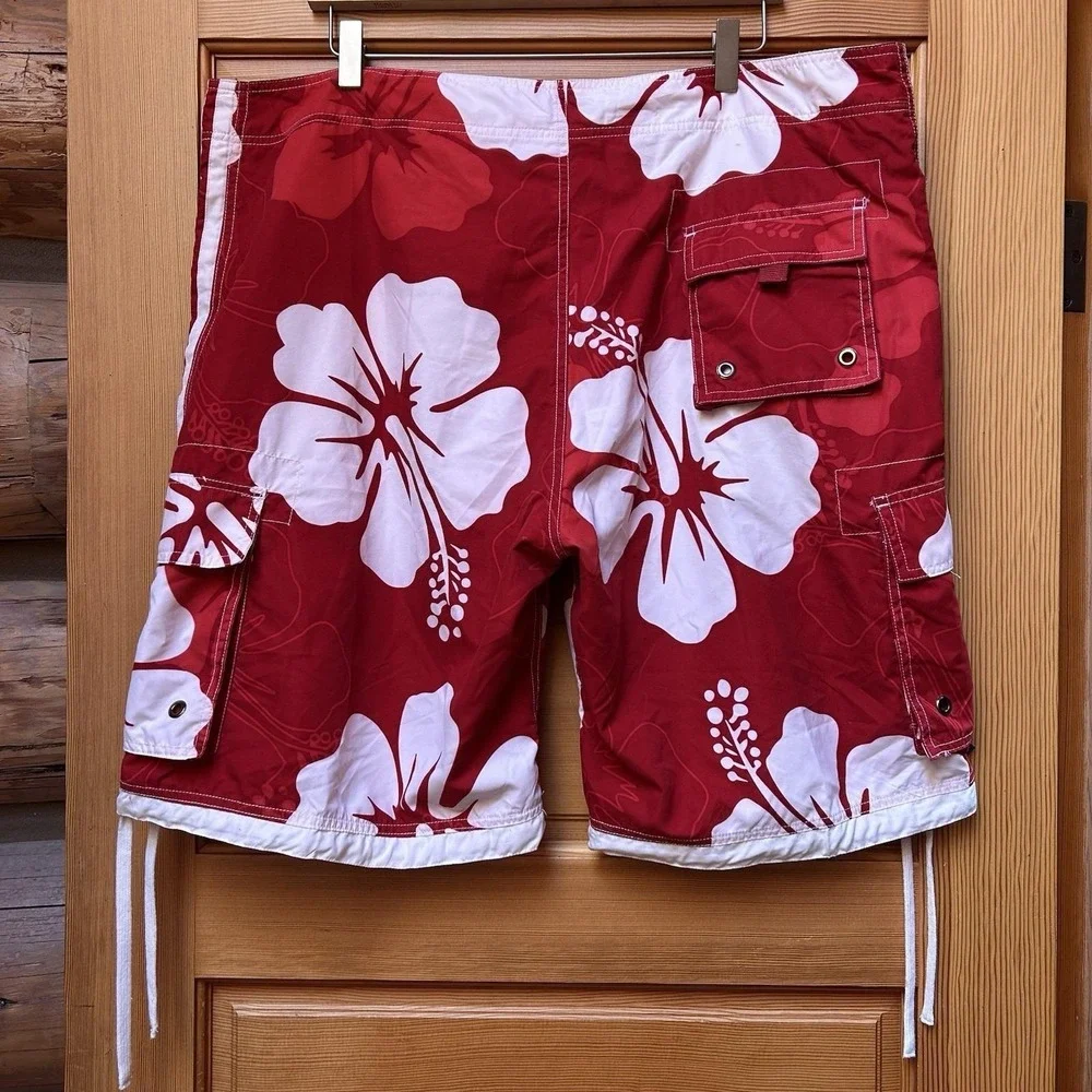 VTG Brents Surf Wear Swim Cargo Board Shorts Mens XL Lined Red Hawaiian Beach